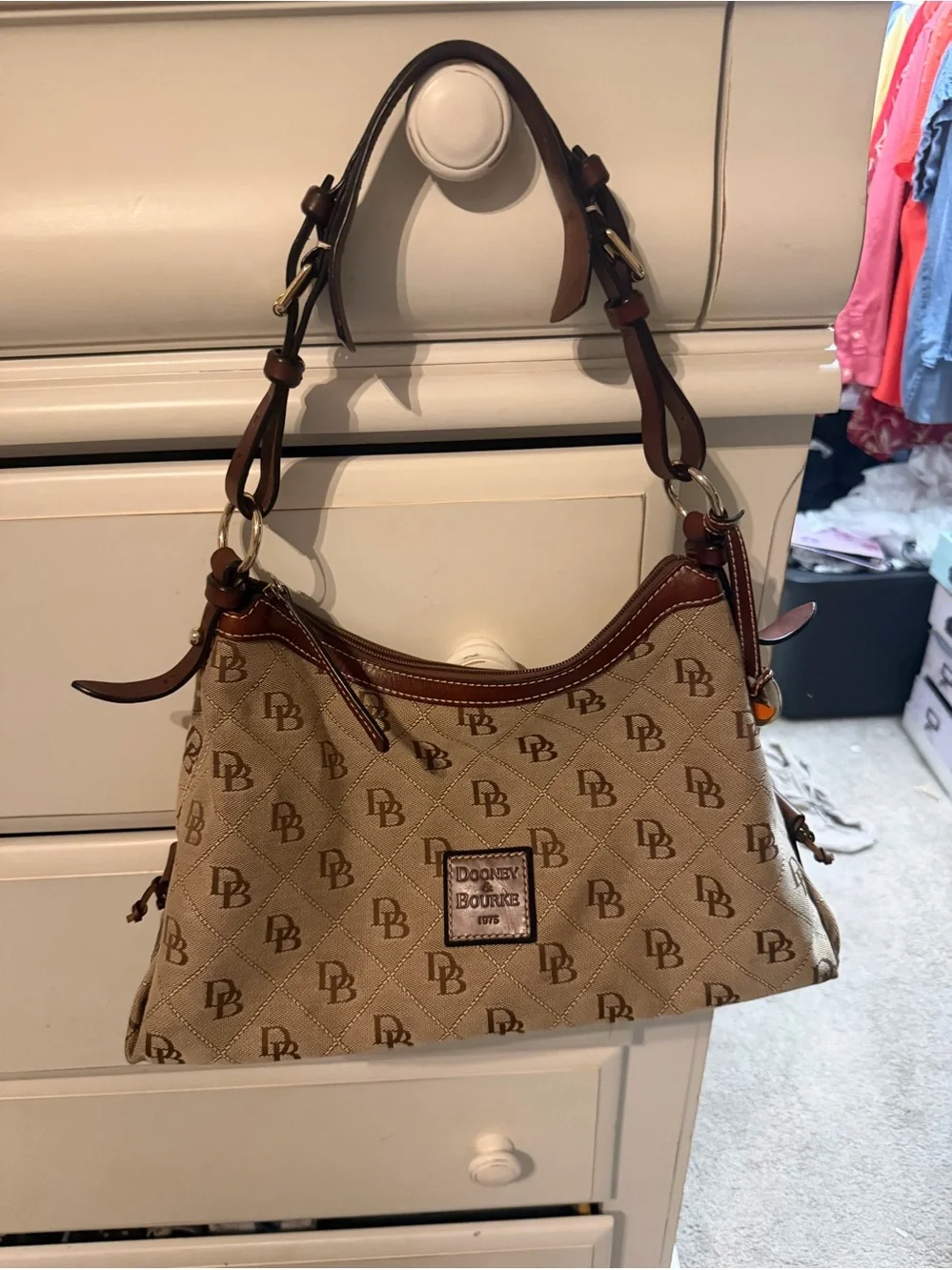 Dooney & Bourke Tan and Brown Signature Jacquard Shoulder Bag